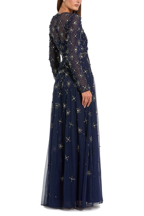 Mac Duggal Long Sleeve Crystal Embellished Evening Gown In Blue