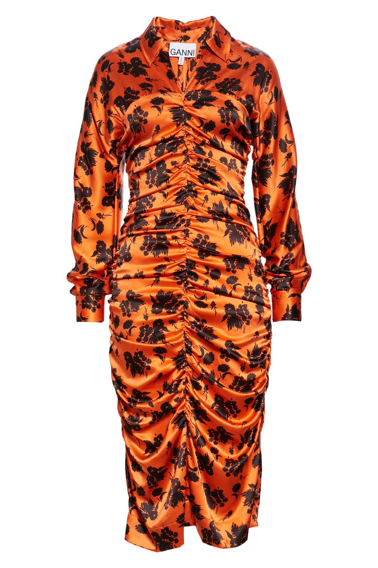 Floral Print Ruched Long Sleeve Stretch Silk Satin Dress, Alternate, color, FLAME
