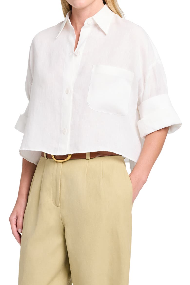 Next Ex Crop Linen Button-Up Shirt, Main, color, WHITE