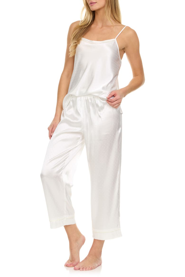 Jamie Pin Dot Satin Capri Pajamas with Faux Pearl Trim, Alternate, color, IVORY