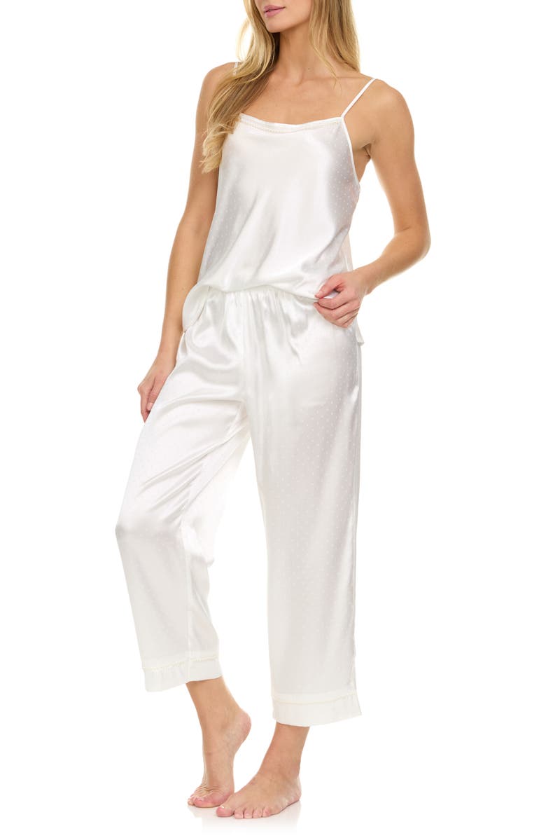 Flora Nikrooz Jamie Pin Dot Satin Capri Pajamas with Faux Pearl Trim, Alternate, color, Ivory