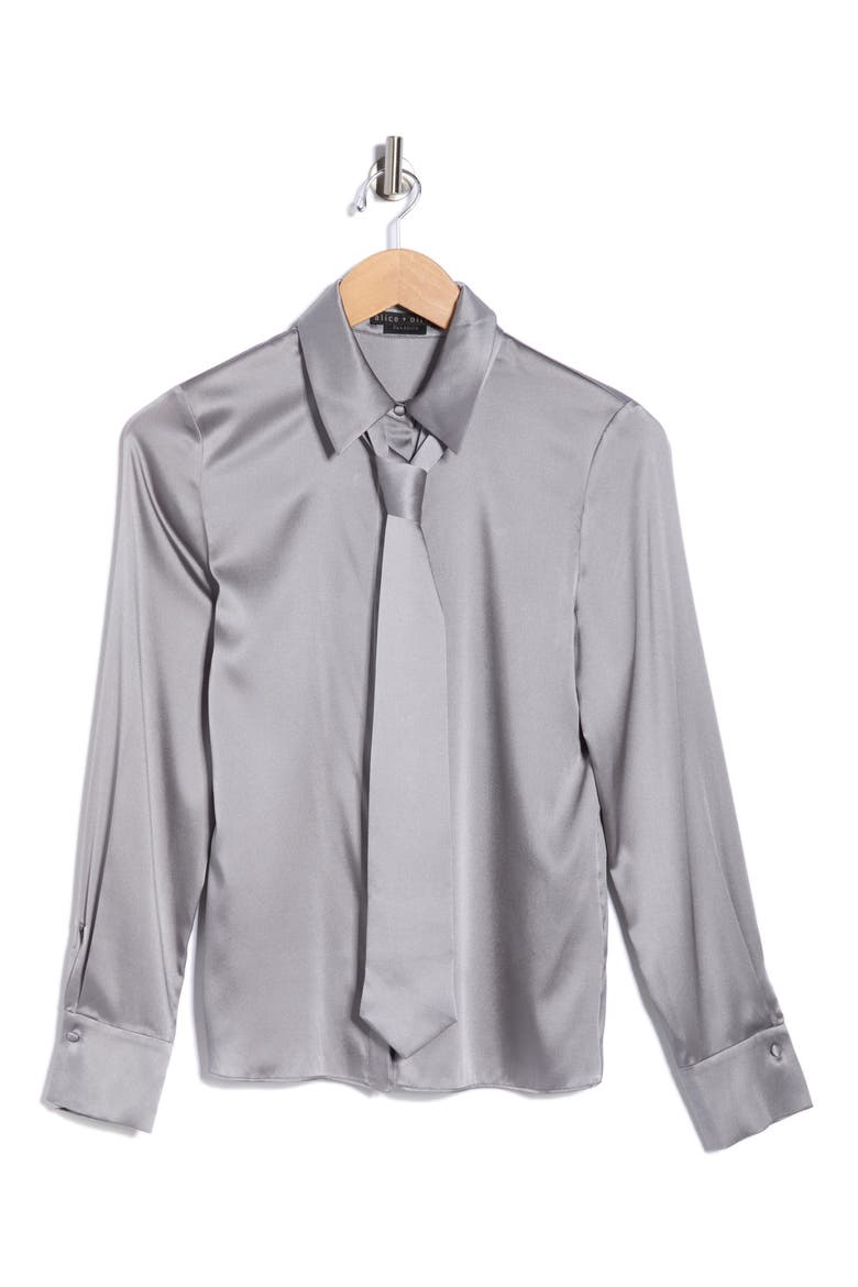 Brady Slim Fit Stretch Silk Button-Up Shirt with Tie, Alternate, color, STORM GREY