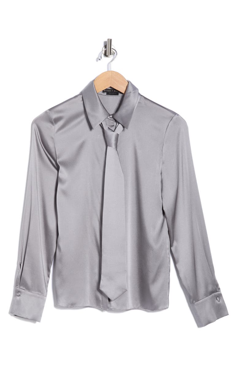 Alice + Olivia Brady Slim Fit Stretch Silk Button-Up Shirt with Tie, Main, color, Storm Grey