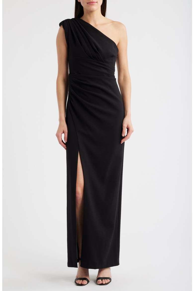 Draped One-Shoulder Crepe Gown, Main, color, BLACK
