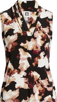 Anne Klein Abstract Print Triple Pleat Sleeveless Top