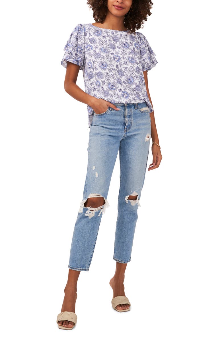 Vince Camuto Floral Print Flounce Sleeve Blouse, Alternate, color, Ultra White