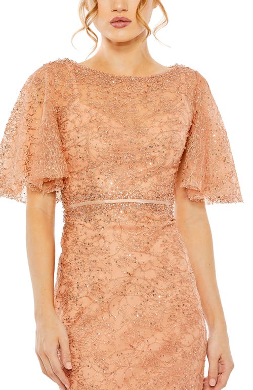 Mac Duggal Embellished Neck Butterfly Sleeve Trumpet Gown In Cinnamon