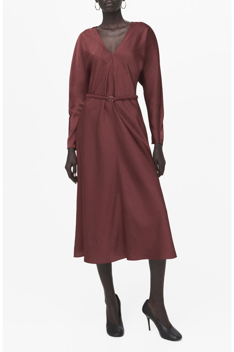 Long Sleeve Satin Midi Dress, Main, color, MAROON