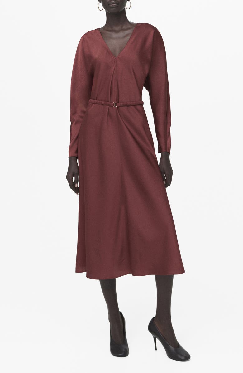 MANGO Long Sleeve Satin Midi Dress, Main, color, Maroon