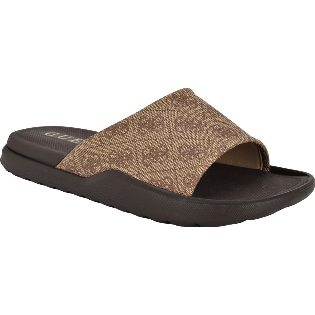 Guess Margaria Slide Sandal In Light Brown Logo Multi