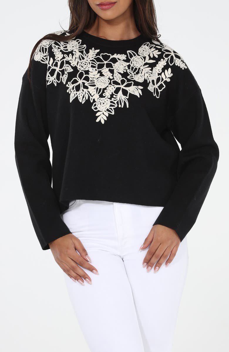 RAIN AND ROSE Floral Appliqué Cardigan, Main, color, Black