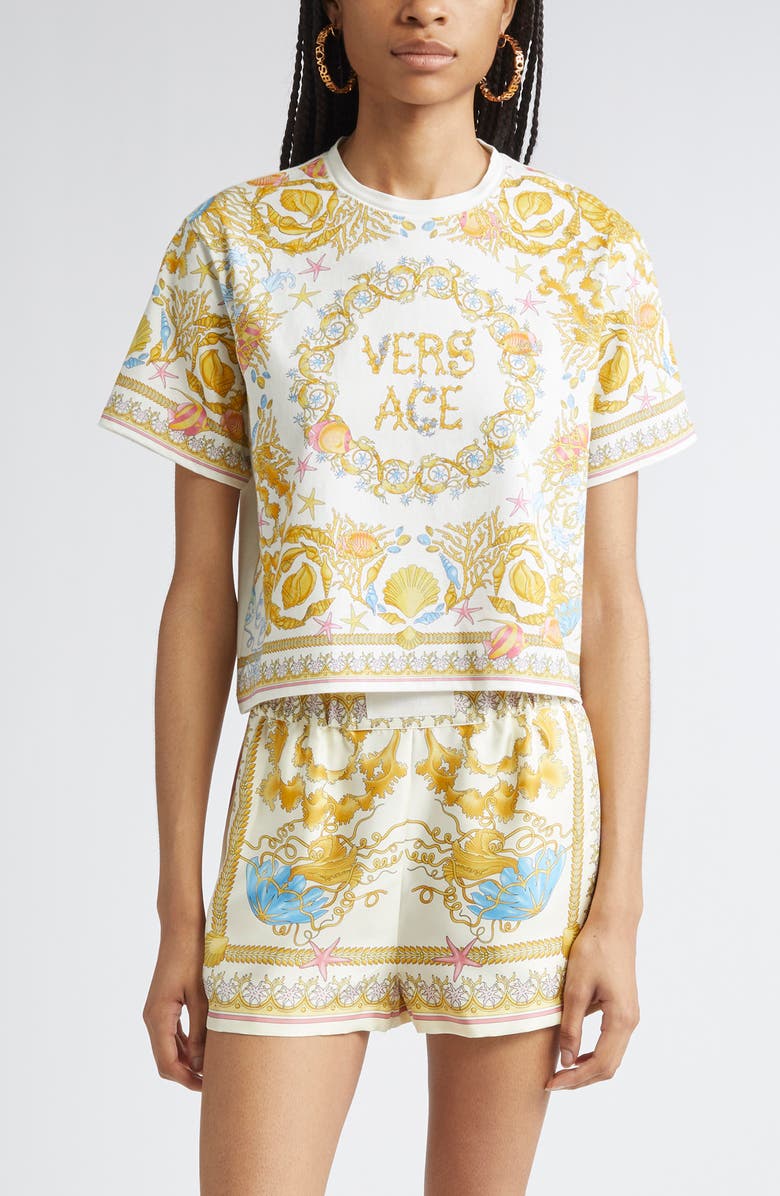 Versace Barocco Underwater Cotton T-Shirt, Main, color, Eggshell Multicolor