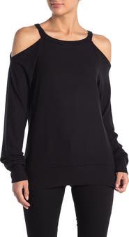 GO COUTURE Brushed Hacci Cold Shoulder Sweater