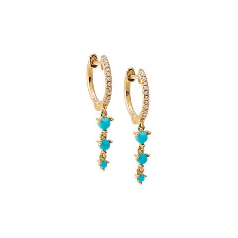 Diamond Pave X Turquoise Triple Drop Huggie Earring 14K