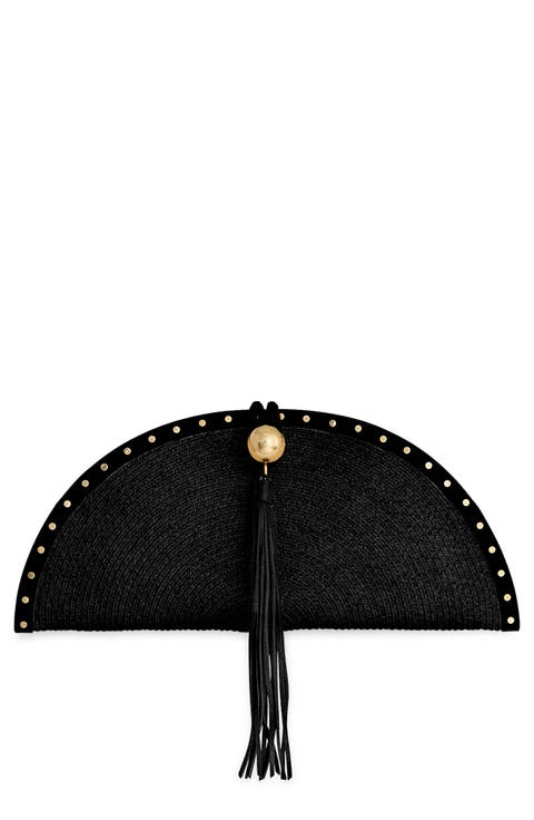Half Moon Studded Straw Clutch