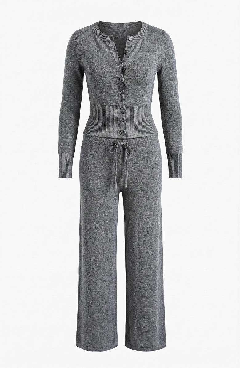 Knit & Lounge Two Piece Knit Set with Button Front Cardigan and Wide Leg Pants, Alternate, color, Gray