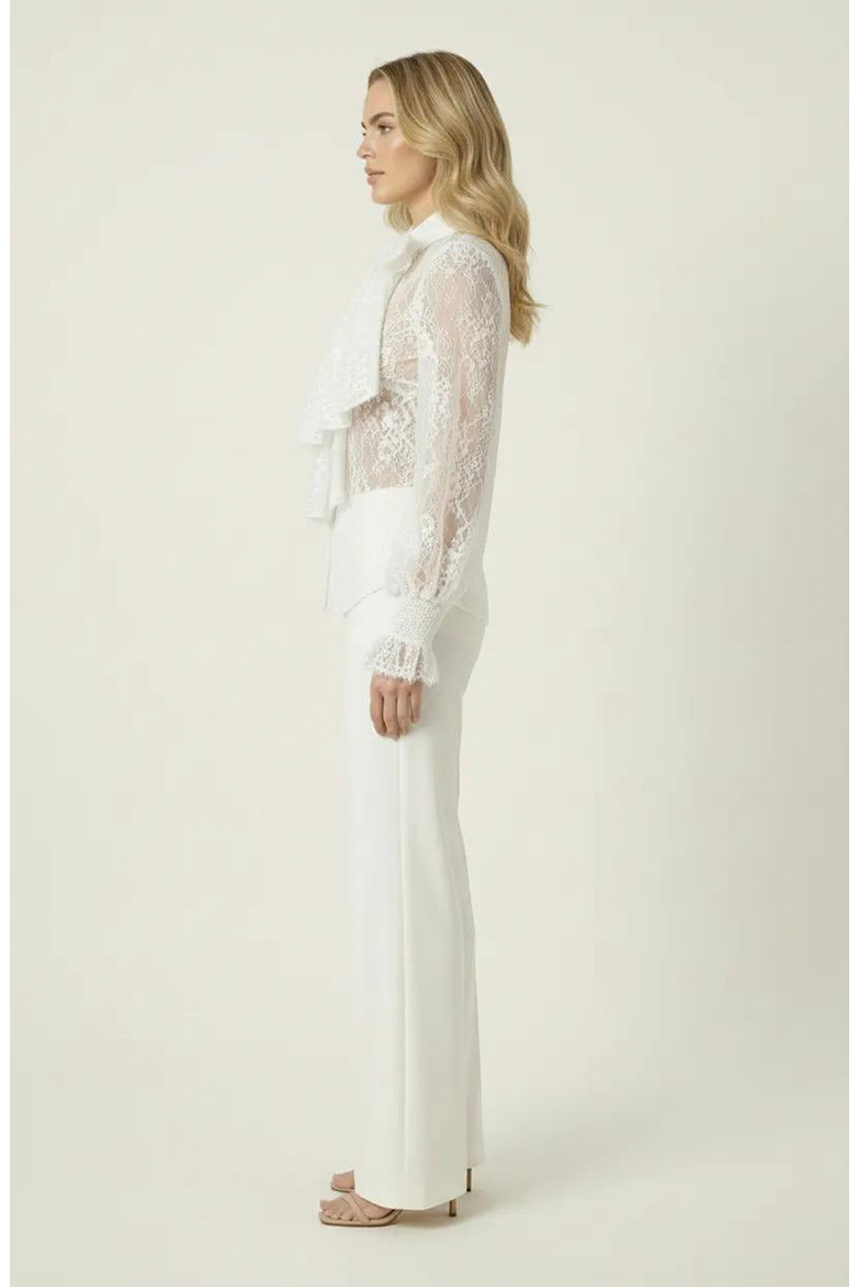 Oversized Bow Tie Neck Ruffle Sheer Lace Blouse, Alternate, color, White