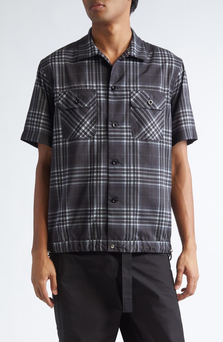 Sacai Plaid Drawcord Hem Camp Shirt, Main, color, Black