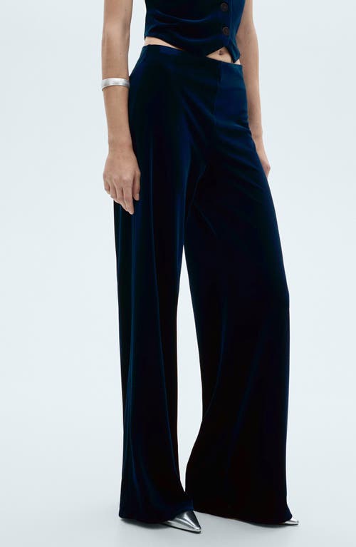 Mango Xenphant Stretch Velvet Wide Leg Pants In Night Blue
