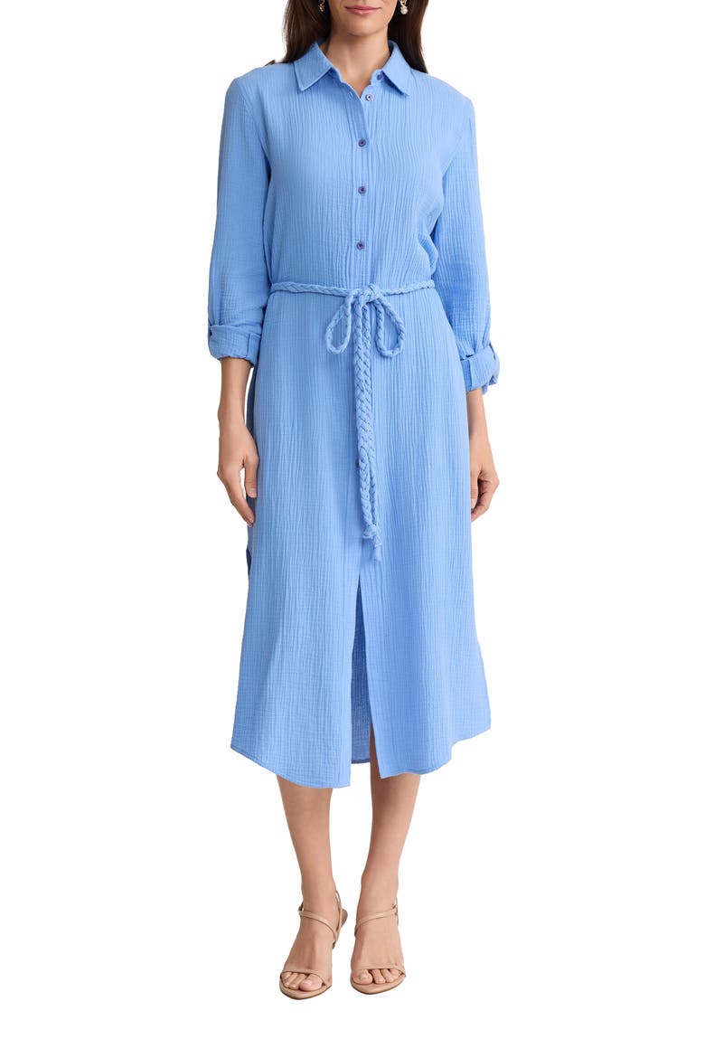 Braided Belt Long Sleeve Cotton Gauze Midi Shirtdress, Main, color, BLUE HORIZON