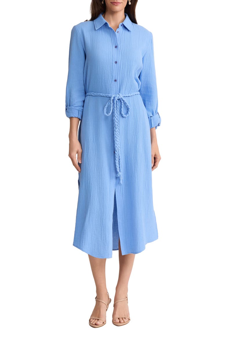 Jones New York Braided Belt Long Sleeve Cotton Gauze Midi Shirtdress, Main, color, Blue Horizon