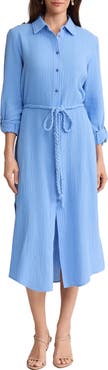 Jones New York Braided Belt Long Sleeve Cotton Gauze Midi Shirtdress
