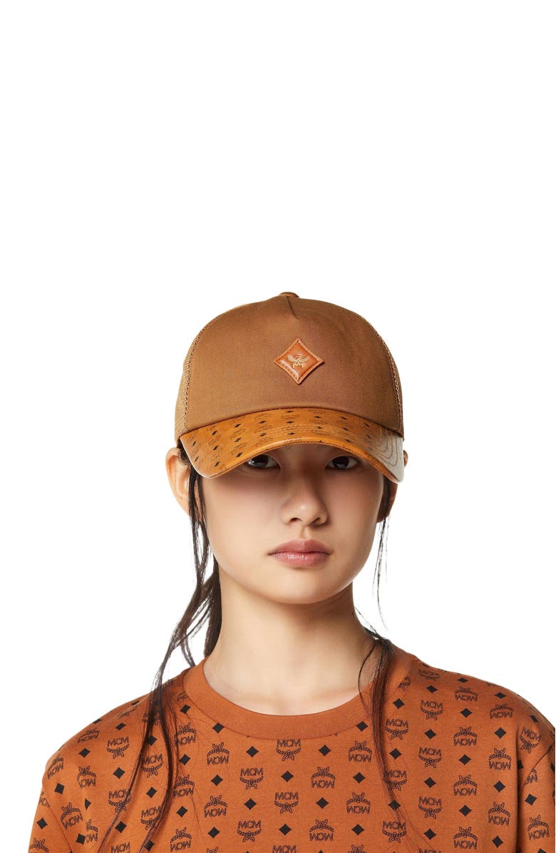 MCM Diamond Cap in Cotton and Monogram Print Leather, Alternate, color, Cognac