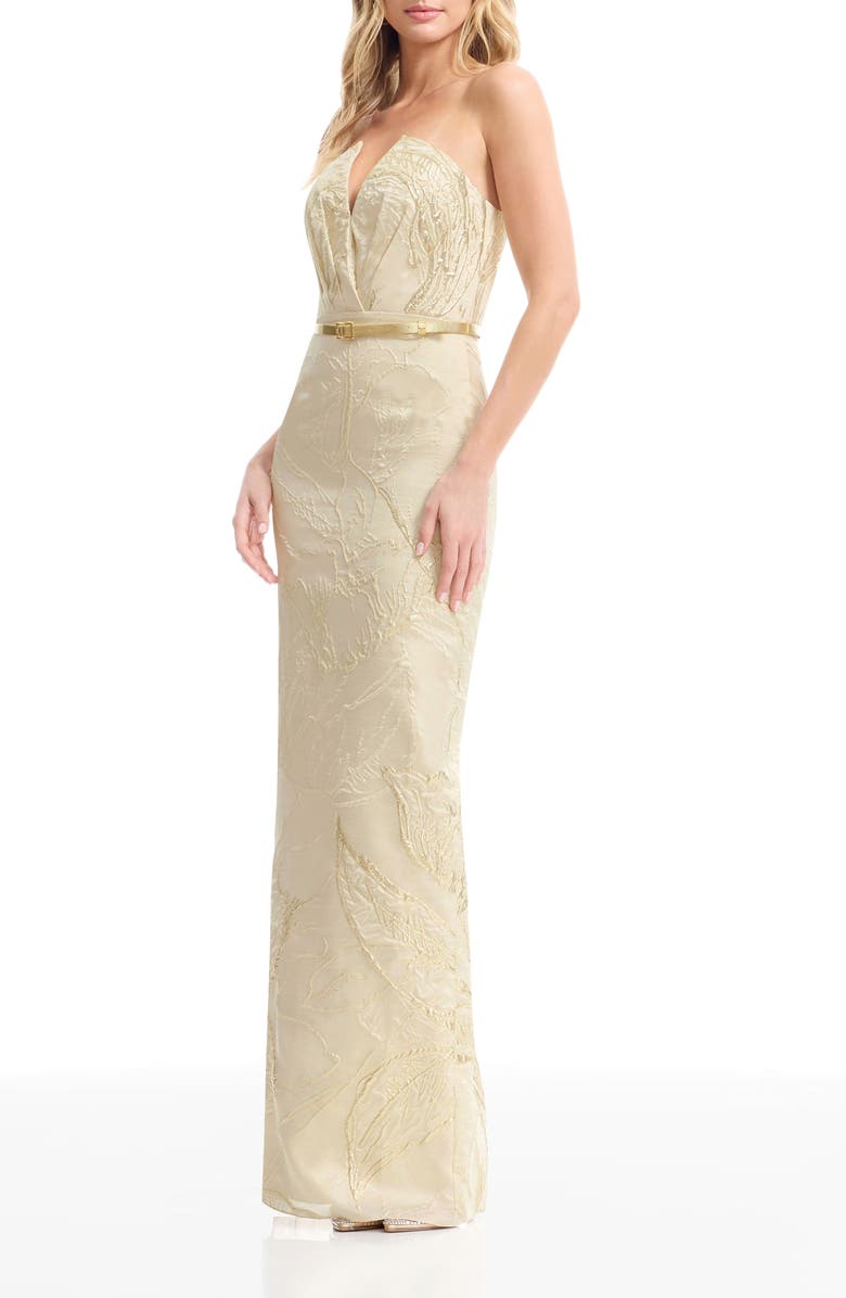 Dress the Population Kahlani Metallic Floral Jacquard Strapless Column Gown, Alternate, color, Champagne Multi