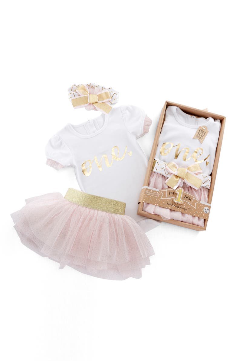 Baby Aspen My First Birthday Bodysuit, Tutu and Head Wrap Set, Main, color, 