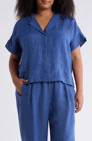 Eileen Fisher Notch Collar Organic Linen Button-Up Shirt