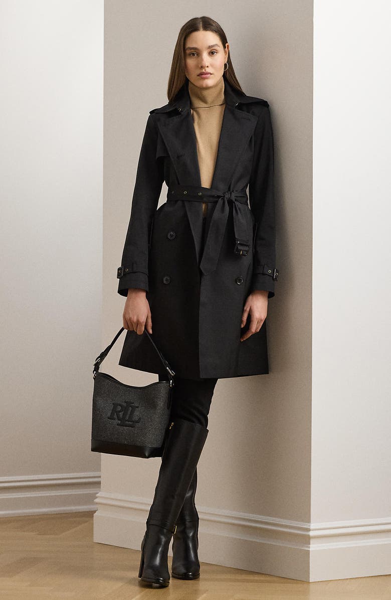Lauren Ralph Lauren Double Breasted Belted Cotton Blend Trench Coat, Alternate, color, Black
