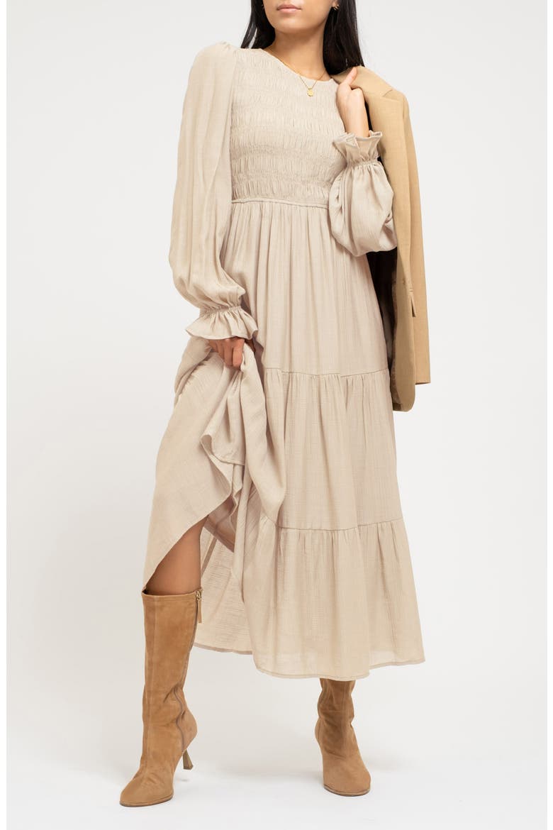Smocked Long Sleeve Tiered Dress, Alternate, color, CHAMPAGNE