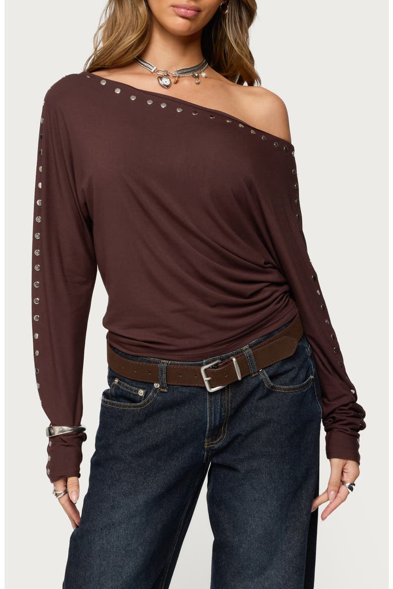 Paola Stud One-Shoulder Top, Main, color, BROWN