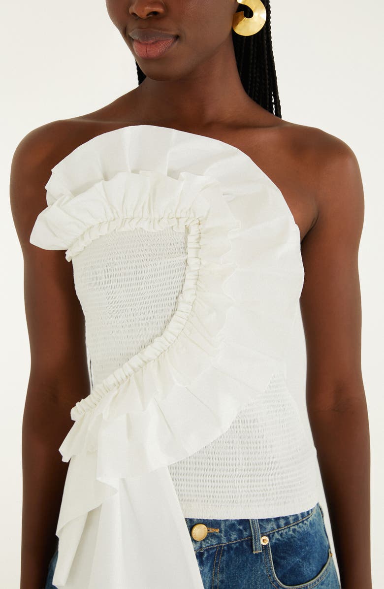 FARM Rio Strapless Smocked Cotton Ruffle Top, Alternate, color, White