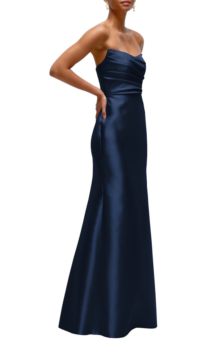Alfred Sung Strapless Cateye V-Neck Satin Twill Gown, Alternate, color, Midnight