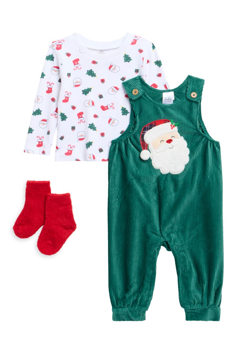 Kids' Santa Overalls, T-Shirt & Socks 3-Piece Set, Main, color, GREEN