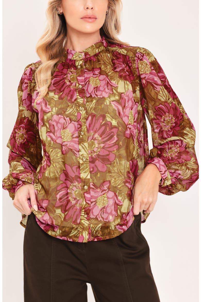 Floral Button-Up Top, Alternate, color, BROWN