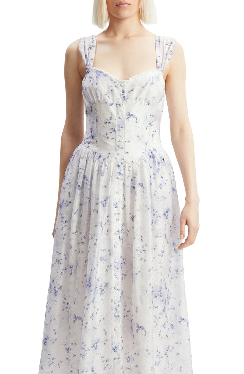 Bardot Malea Floral Print Corset Bodice Midi Dress, Alternate, color, Blue Floral