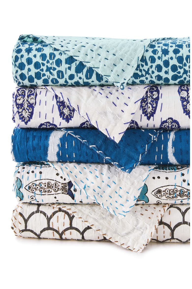 Scallop Kantha Cotton Coverlet, Alternate, color, INDIGO