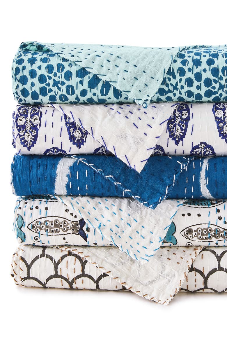 MELANGE HOME Scallop Kantha Cotton Coverlet, Alternate, color, Indigo