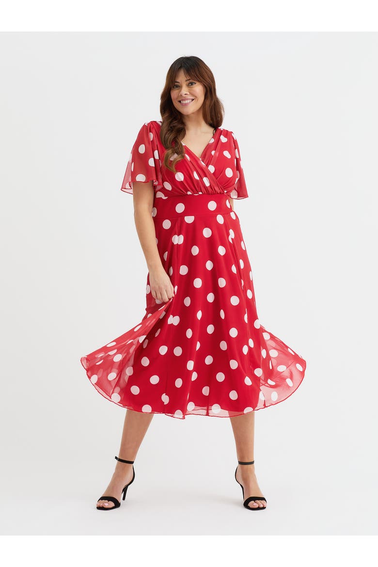 Victoria Spot Angel Sleeve Midi Dress, Main, color, Red Spot