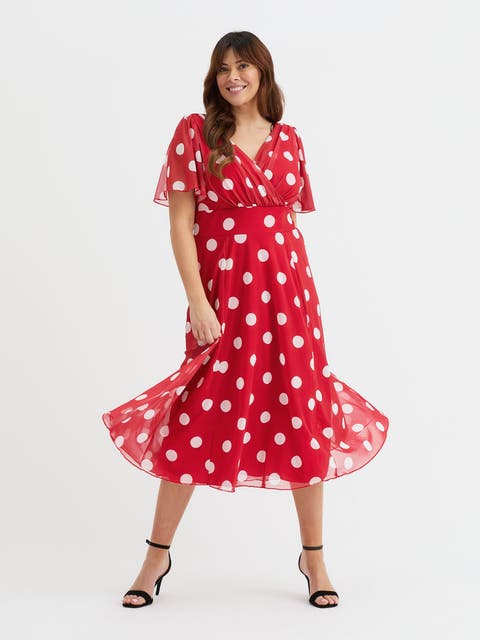 Victoria Spot Angel Sleeve Midi Dress