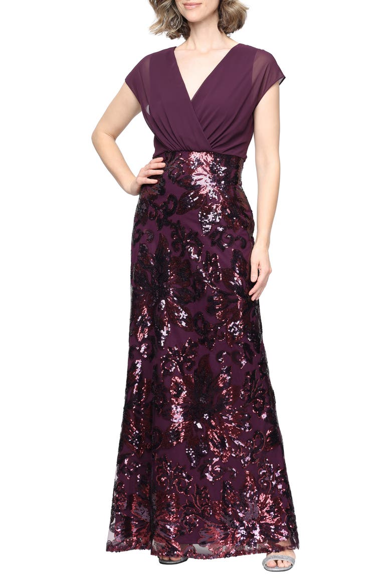 Chiffon Bodice Sequin Gown, Main, color, AUBERGINE