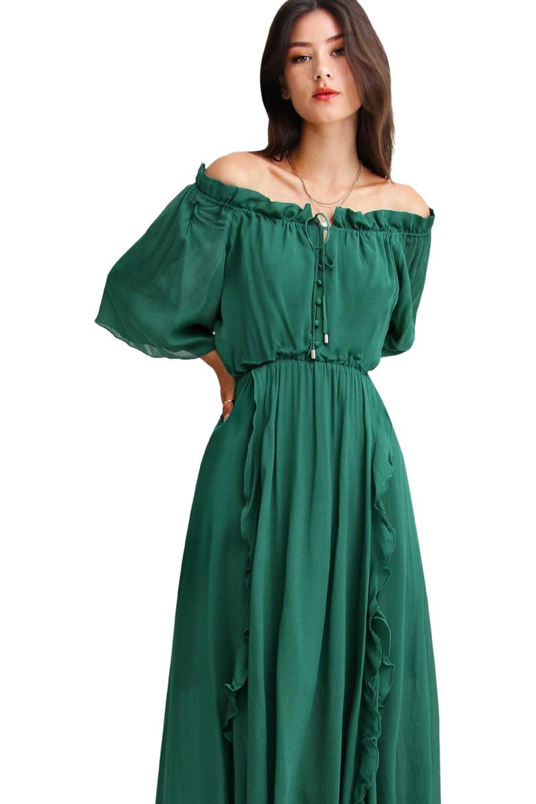 Amour Amour Ruffled Midi Dress, Alternate, color, Dark Green