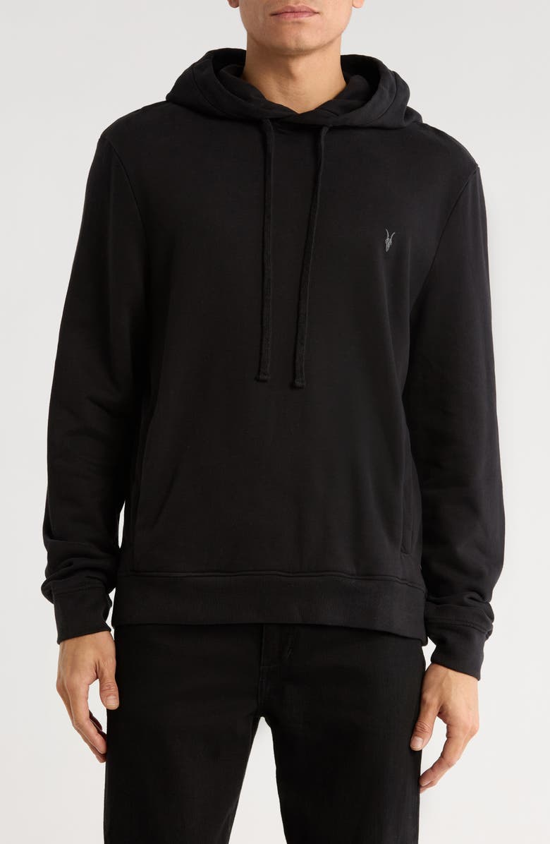 AllSaints Raven Pullover Ramskull Logo Hoodie, Main, color, Jet Black