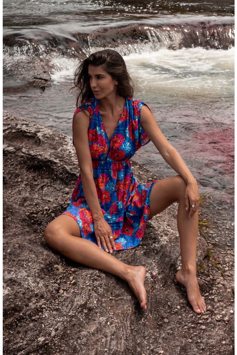 Floral Ruched Sleeve Cover-Up Sundress, Alternate, color, BLUE MULTI