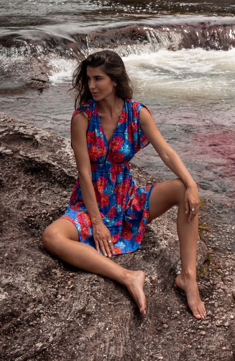 Cosita Linda Floral Ruched Sleeve Cover-Up Sundress, Alternate, color, Blue Multi