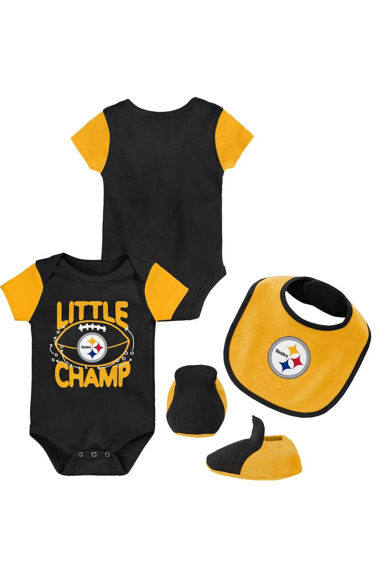 Newborn & Infant Black/Gold Pittsburgh Steelers Little Champ Three-Piece Bodysuit Bib & Booties Set, Main, color, Black