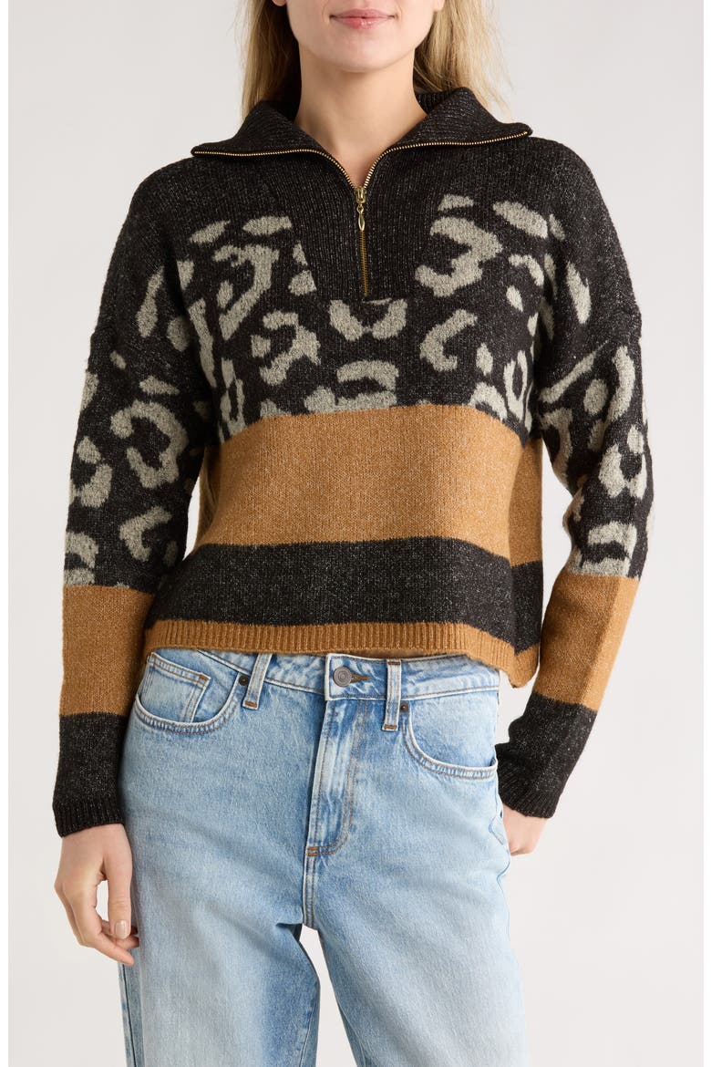 Quarter Zip Sweater, Main, color, LEOPARD STRIPE BLACK