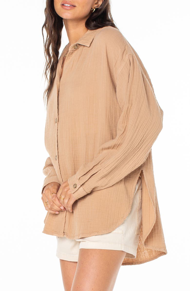 Roxy Morning Time Cotton Gauze Button-Up Shirt, Alternate, color, Praline Solid Stamp